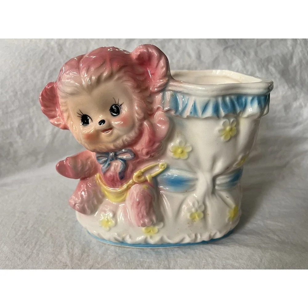 Vintage Kitschy Pink Teddy Bear Bootie Planter GUC Nursery Decor 50's